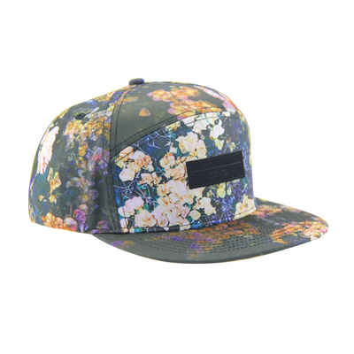 100% πολυεστέρα 7 Panel Snapback Custom Camp Hat με δερμάτινο λογότυπο στο εμπρός