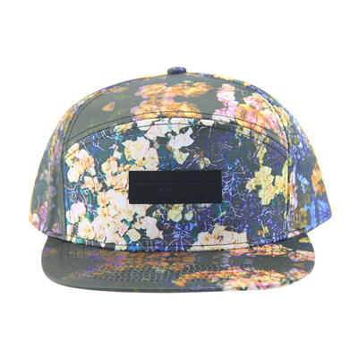 100% πολυεστέρα 7 Panel Snapback Custom Camp Hat με δερμάτινο λογότυπο στο εμπρός