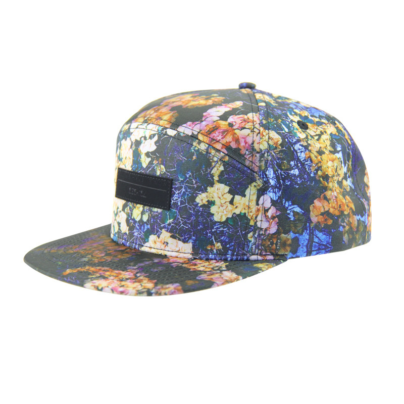 100% πολυεστέρα 7 Panel Snapback Custom Camp Hat με δερμάτινο λογότυπο στο εμπρός